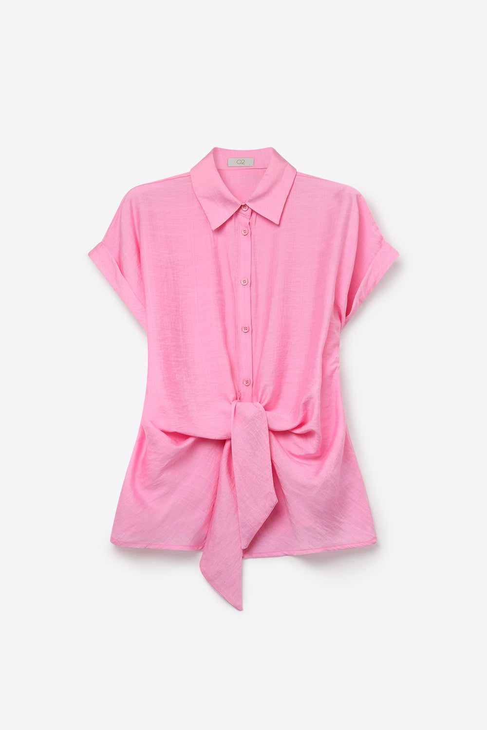 Pink Lightweight Woven Short Sleeve Shirt Top with Tie Front - Shirts