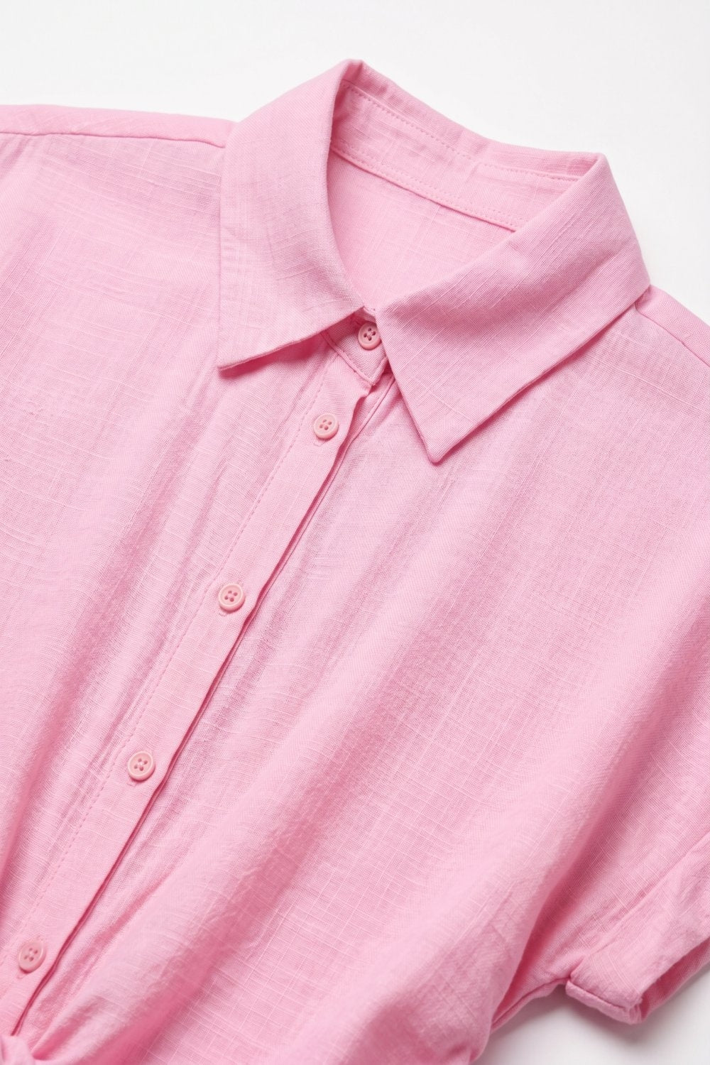 Pink Lightweight Woven Short Sleeve Shirt Top with Tie Front - Shirts