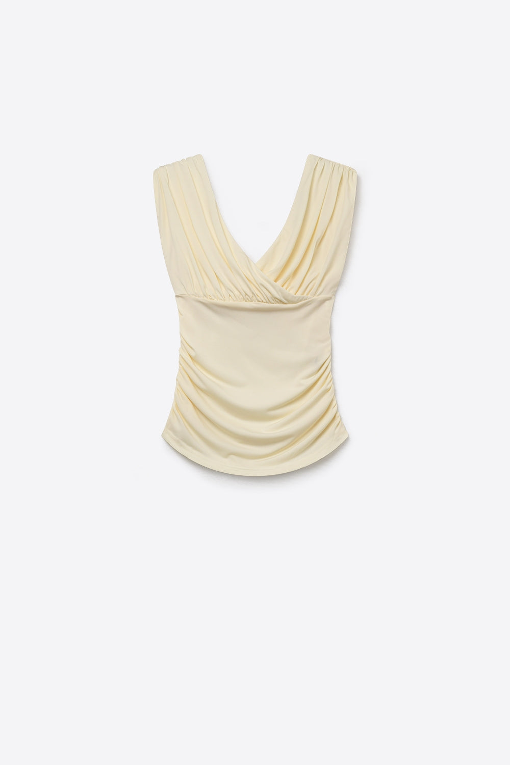 Cream Stretch fabric Sleeveless Top with  Ruched Wrap Front