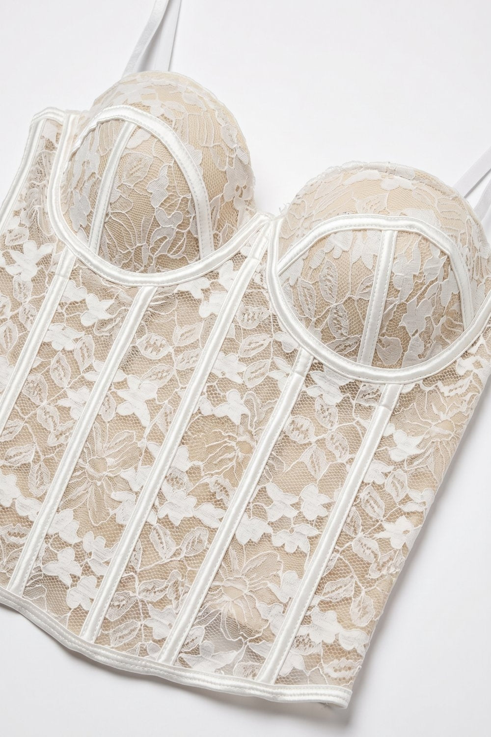 White Floral Lace Sheer Boned Corset Fitted Bustier Bodysuit