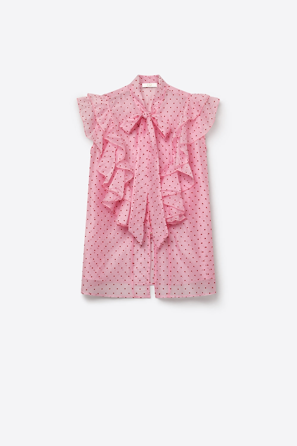 Light Pink Polka-Dot Chiffon Ruffle Bow Tie Sleeveless Blouse - Shirts