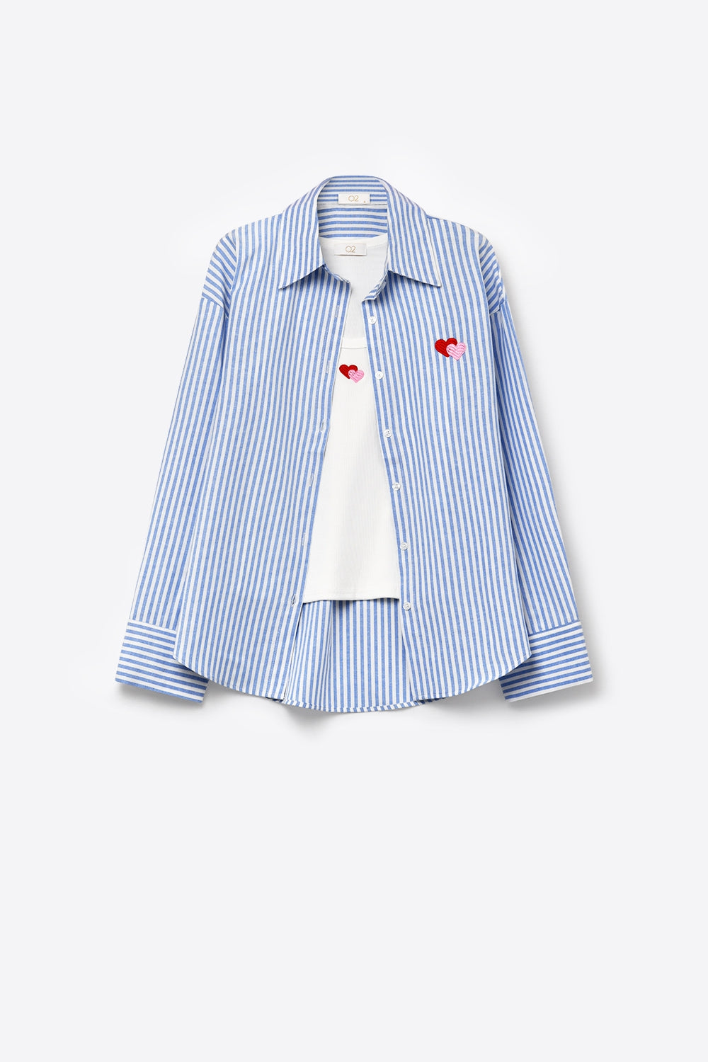 Blue Stripe Cotton Embroidered Heart Set t-shirt and shirt 2 pieces - Shirts