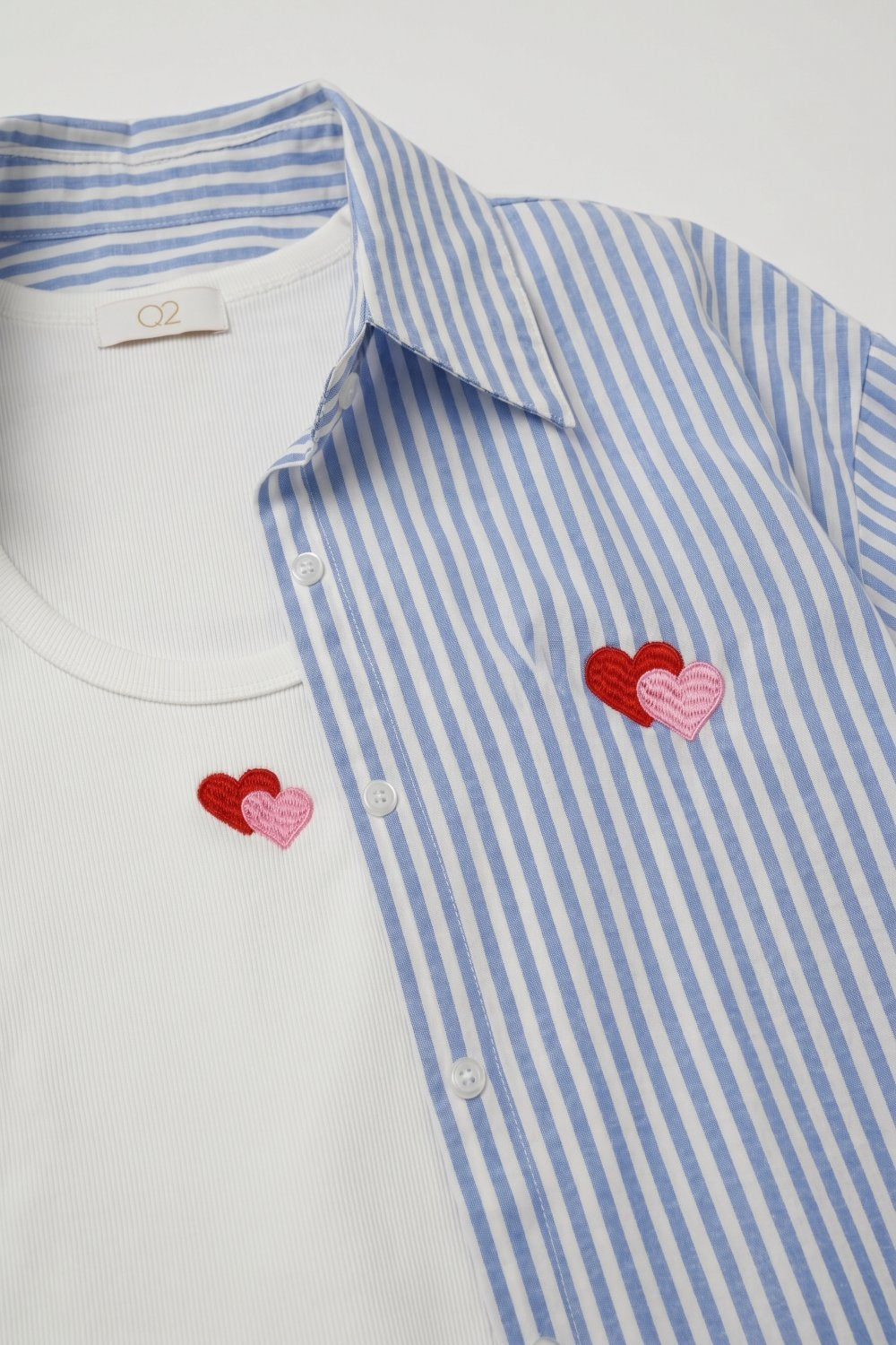 Blue Stripe Cotton Embroidered Heart Set t-shirt and shirt 2 pieces - Shirts