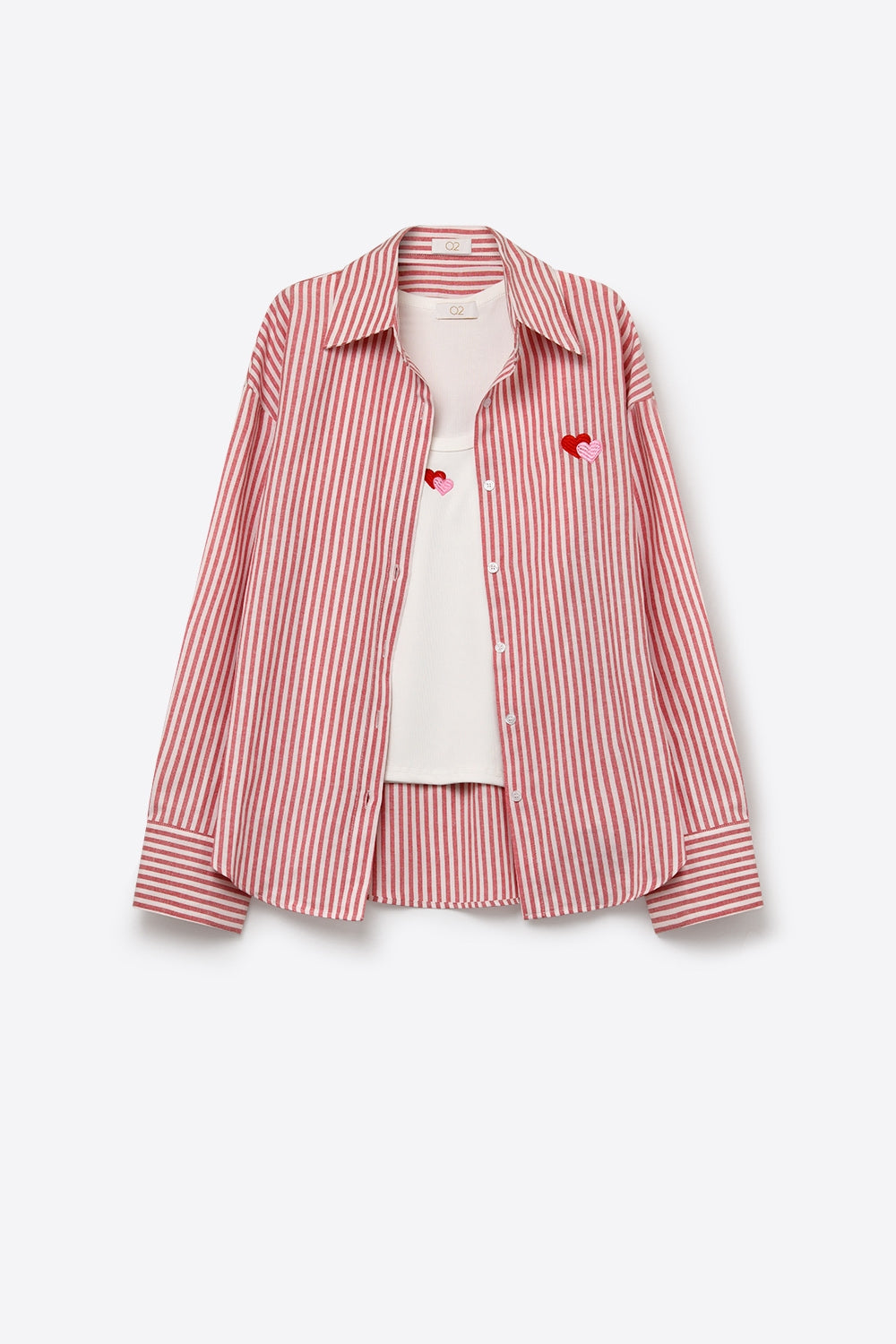 Red Stripe Cotton Embroidered Heart Set t-shirt and shirt 2 pieces - Shirts