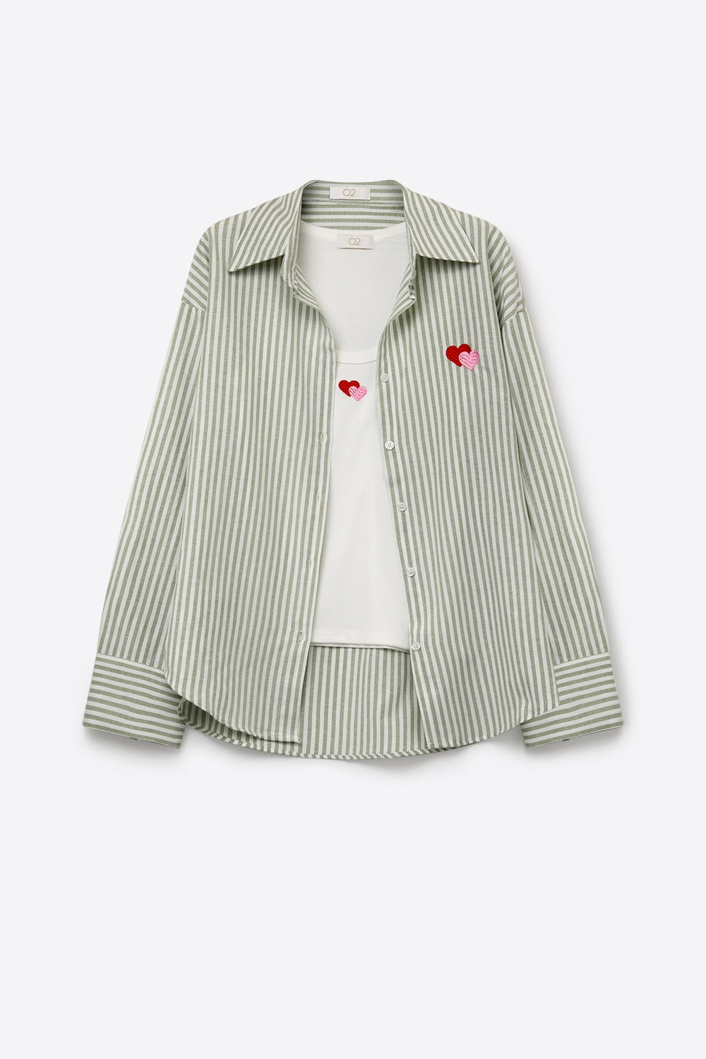 green Stripe Cotton Embroidered Heart Set t-shirt and shirt 2 pieces - Shirts