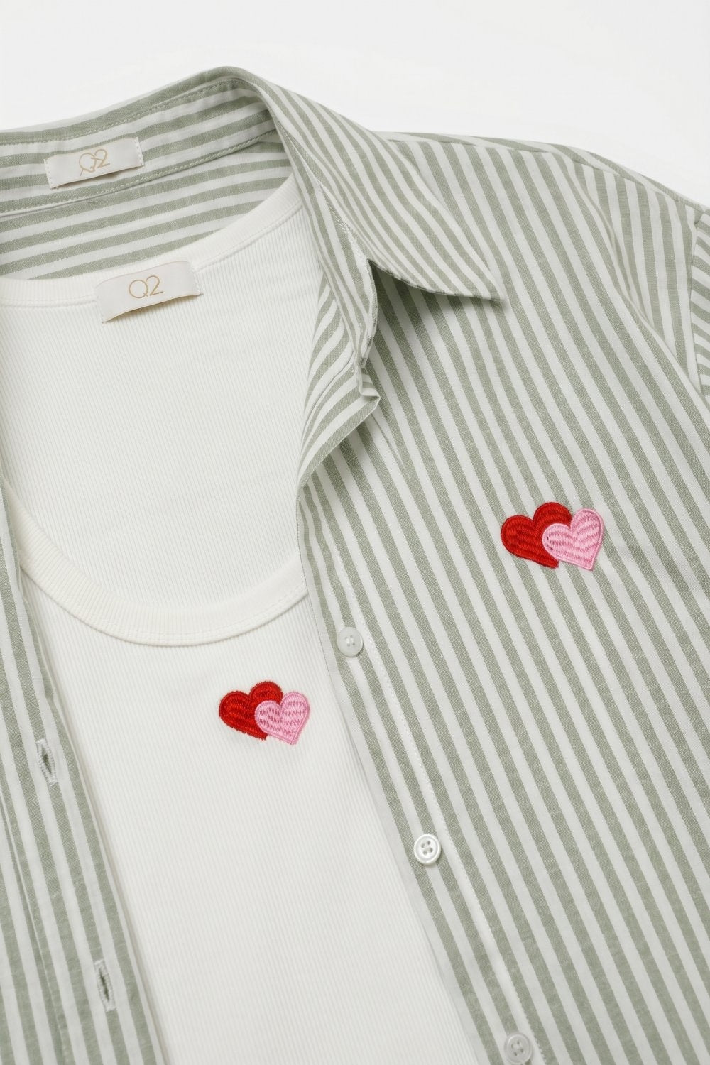 green Stripe Cotton Embroidered Heart Set t-shirt and shirt 2 pieces - Shirts