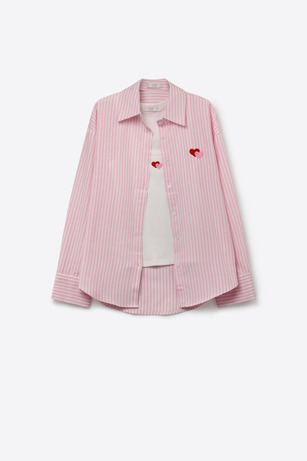Pink Stripe Cotton Embroidered Heart Set t-shirt and shirt 2 pieces - Shirts