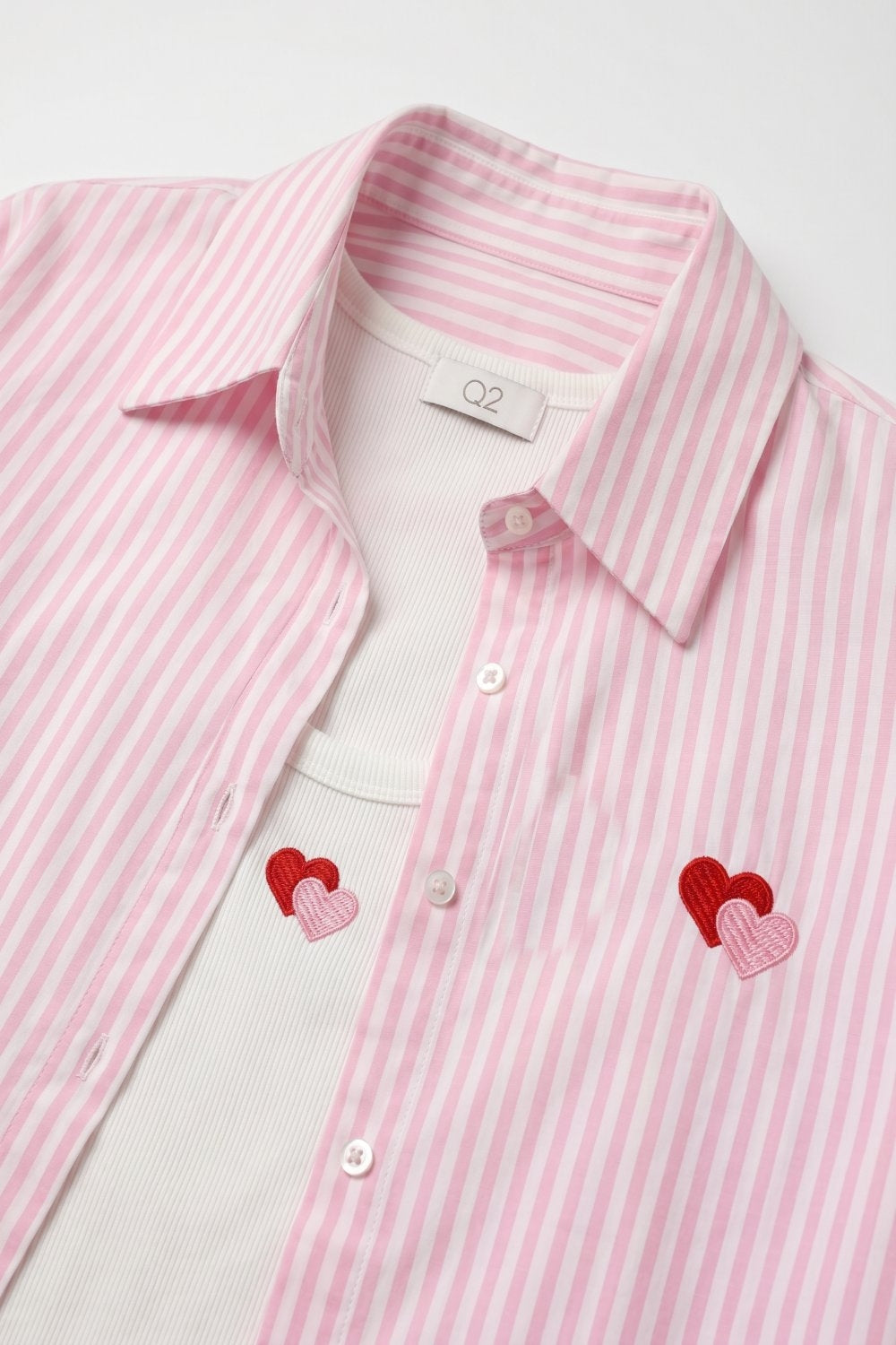 Pink Stripe Cotton Embroidered Heart Set t-shirt and shirt 2 pieces - Shirts
