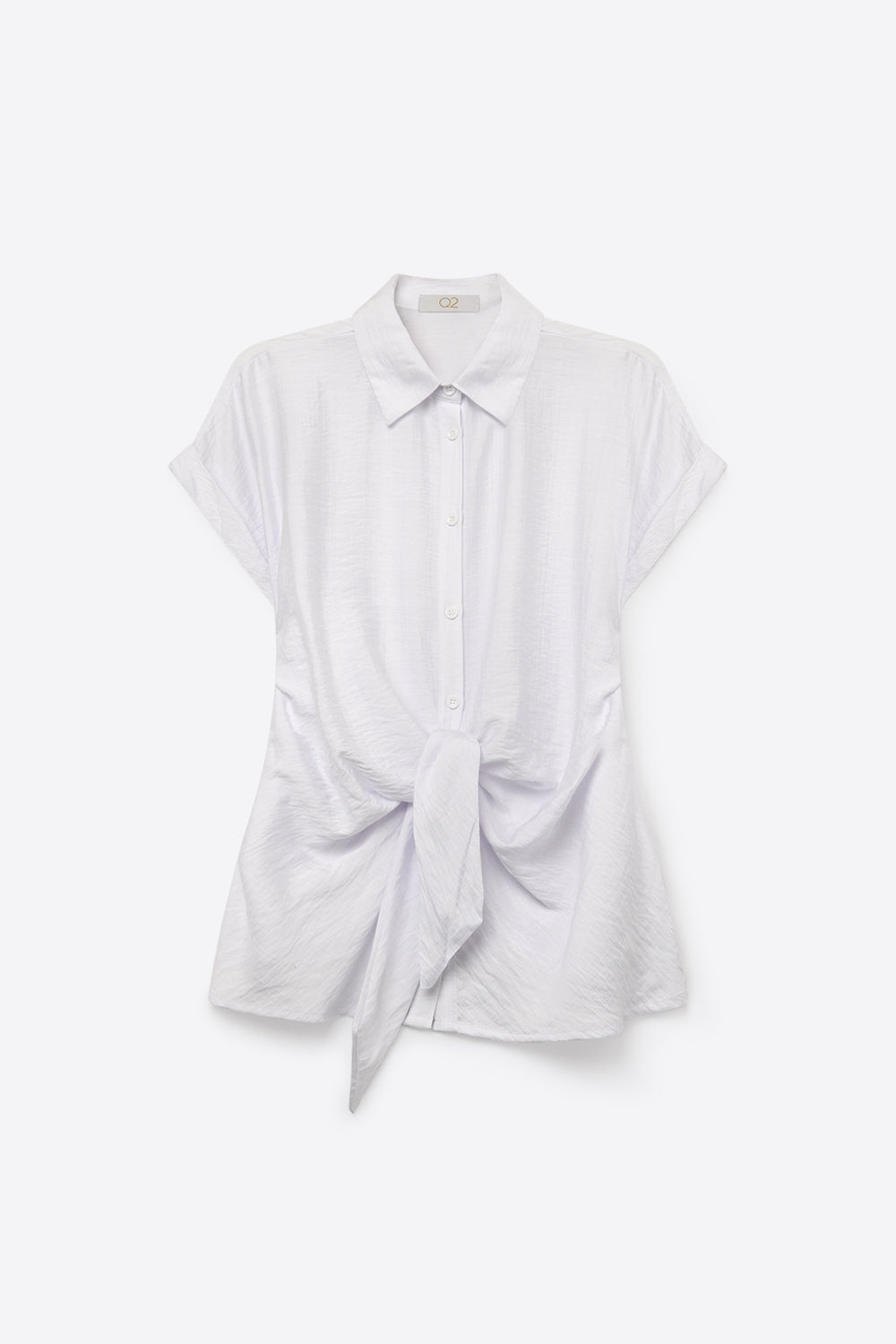 White Lightweight Woven Short Sleeve Shirt Top with Tie Front - Shirts