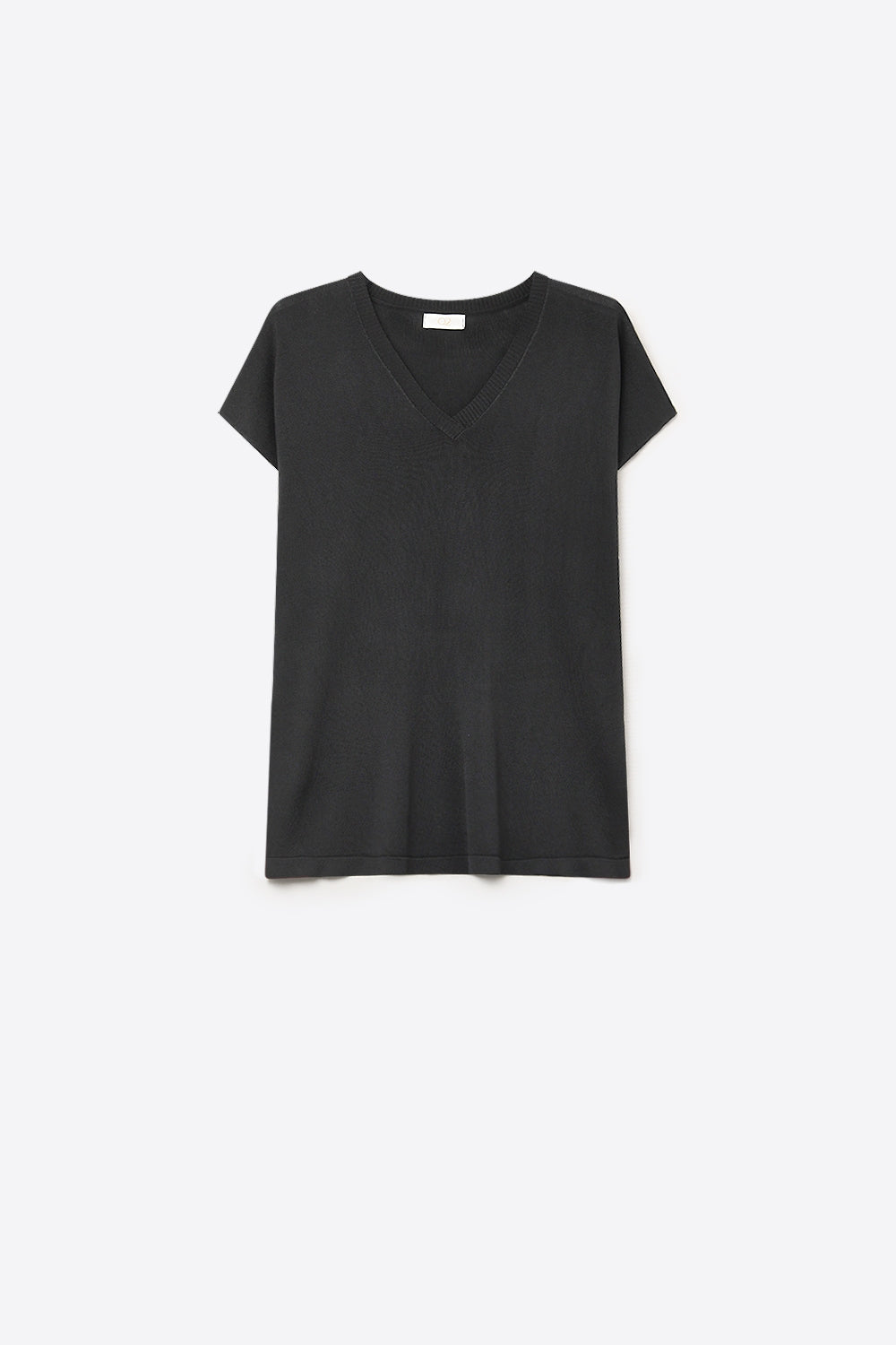 Black Fine Knit V-Neck Sweater with Short Sleeves