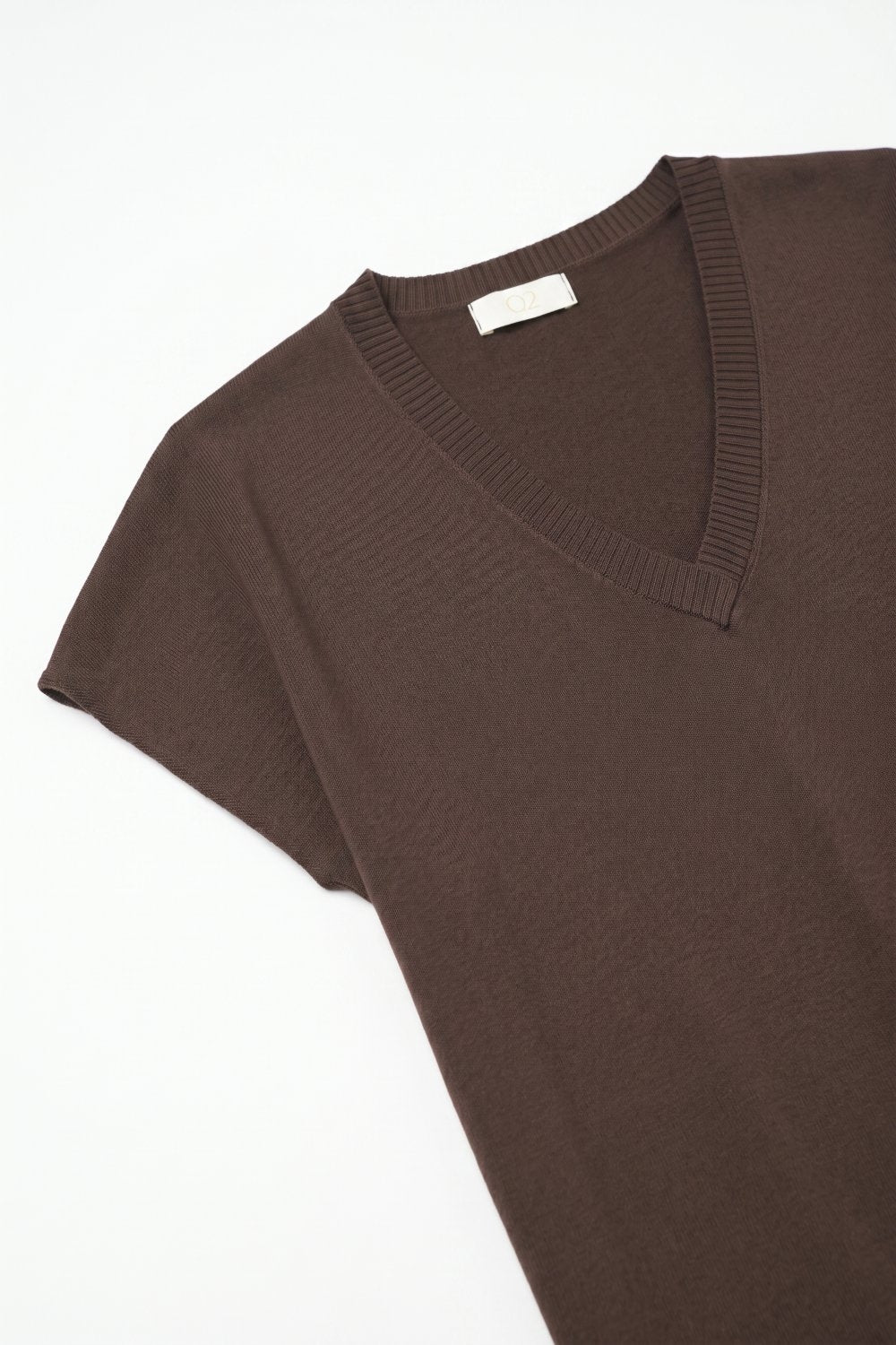Brown Fine Knit V-Neck Short Sleeve Sweater