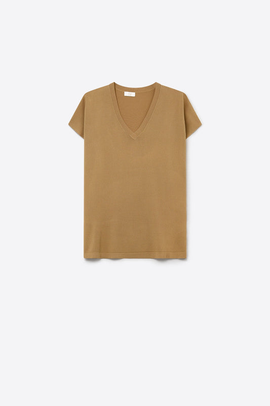 Camel Fine Knitted V-Neck Short Sleeve Sweater