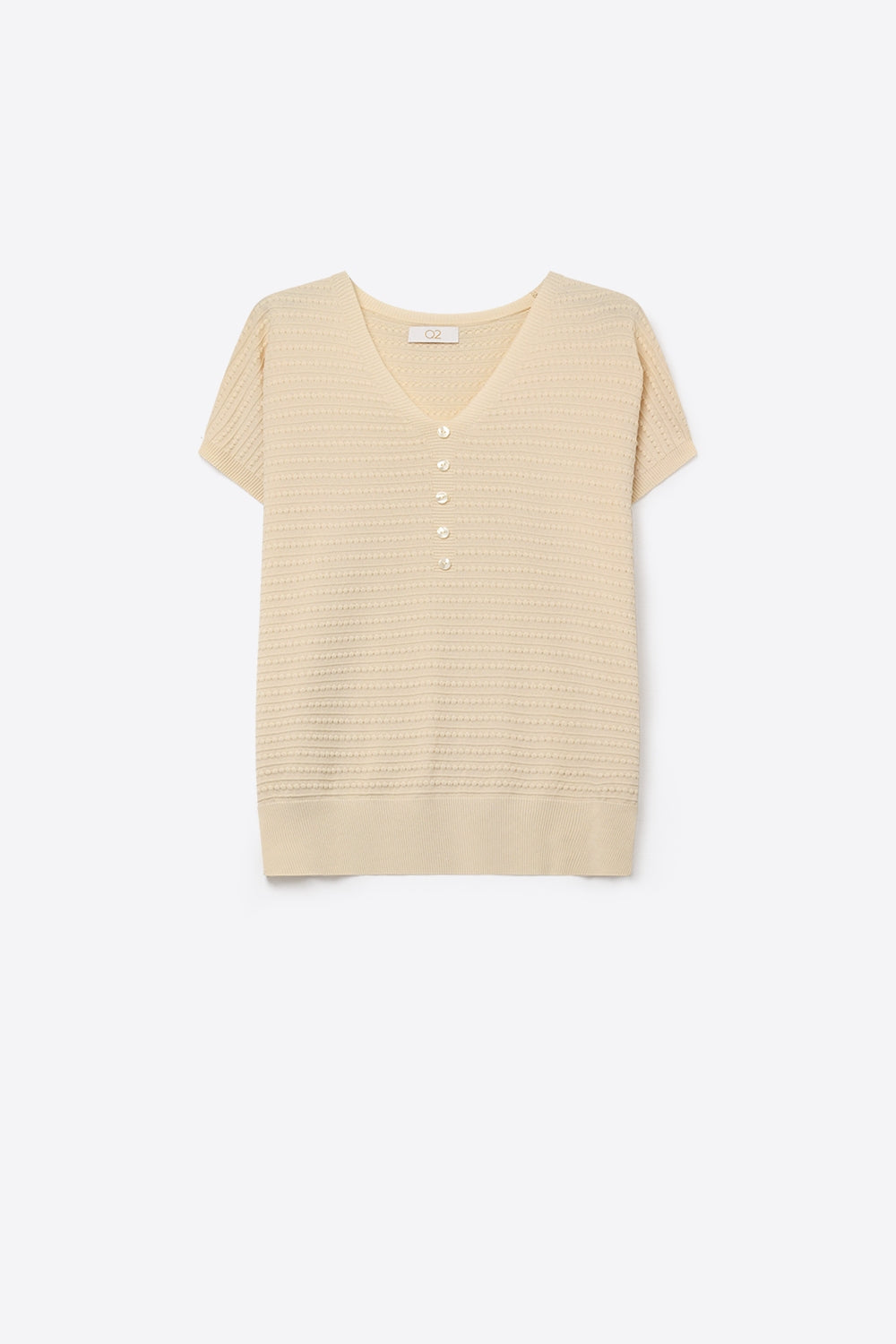 Textured Fine Knit Button Detail Short Sleeve sweater in beige -