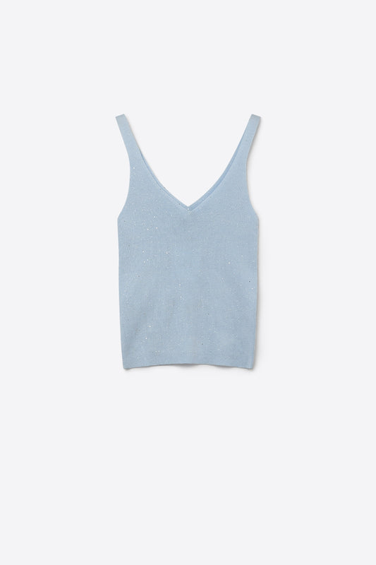 Light Blue Fine Knit Glitter Detail V-Neck Sleeveless Top - Tops