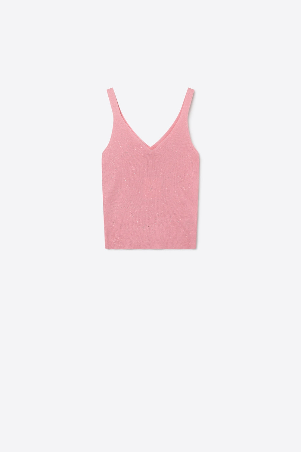 Pink Glitter Ribbed Knit V-Neck Cropped Tank Top - Tops