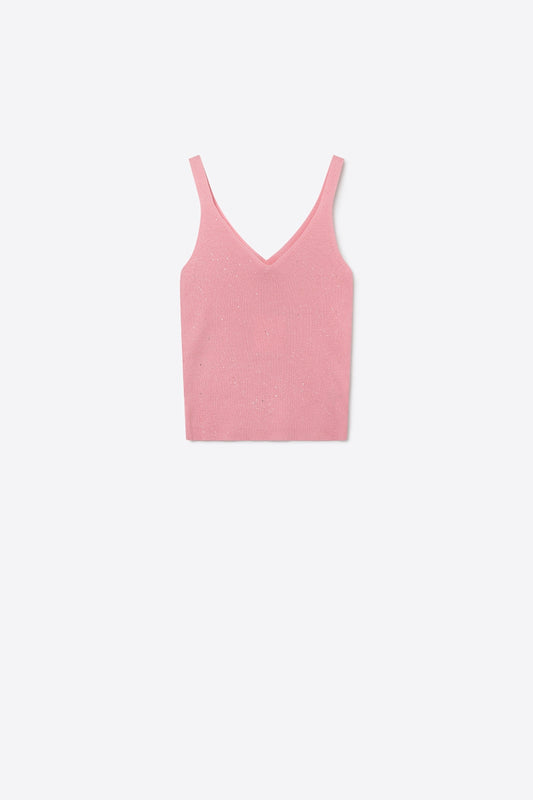 Pink Glitter Ribbed Knit V-Neck Cropped Tank Top - Tops