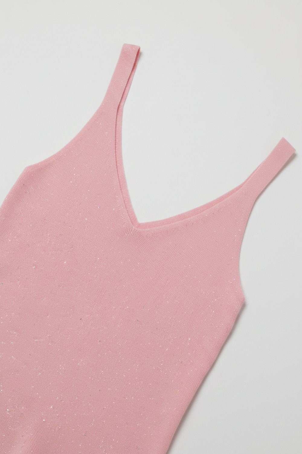 Pink Glitter Ribbed Knit V-Neck Cropped Tank Top - Tops