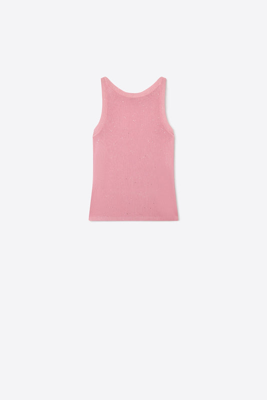 Pink Ribbed Knit Glitter Sleeveless Regular Fit Tank Top