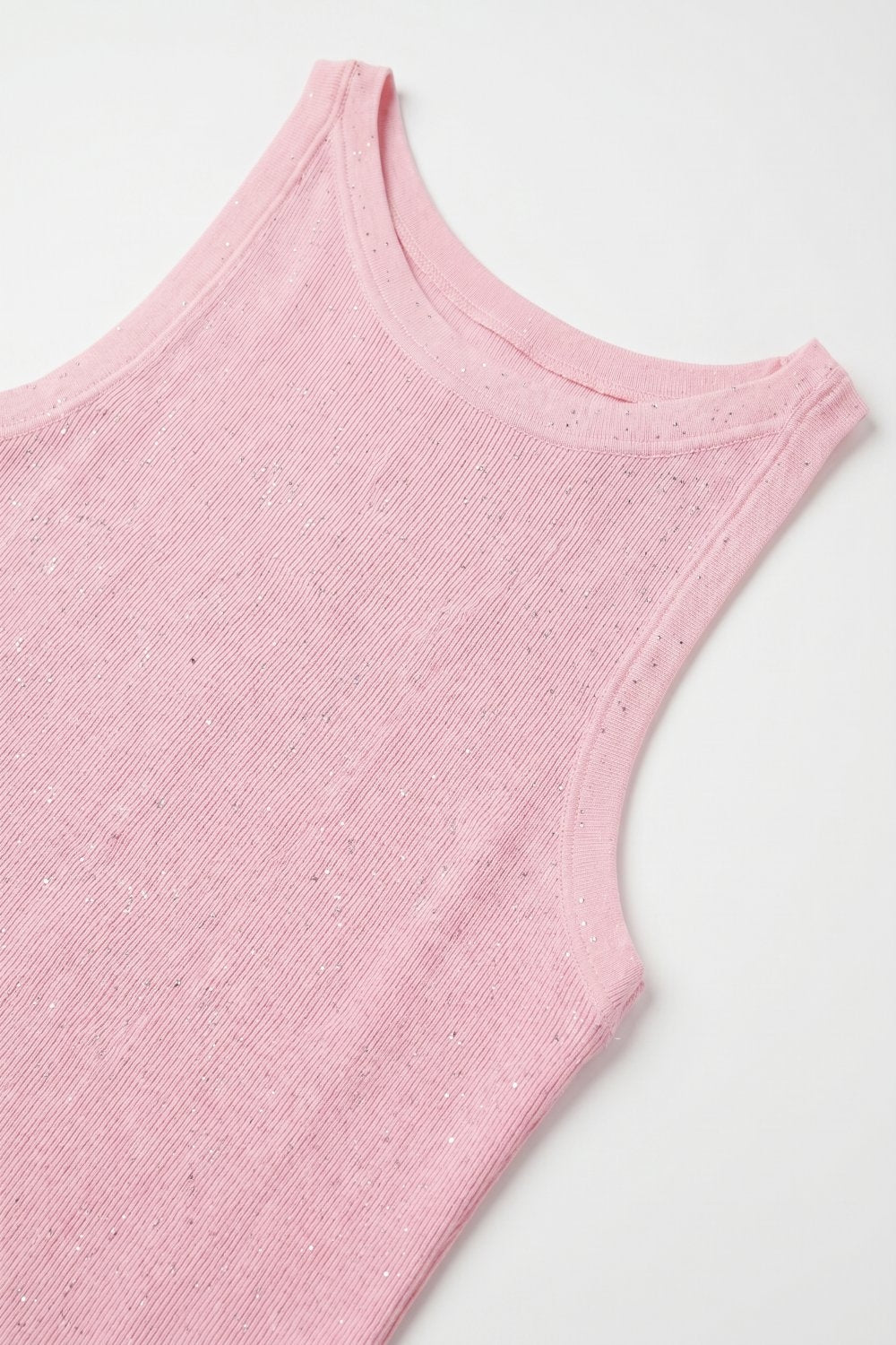 Pink Ribbed Knit Glitter Sleeveless Regular Fit Tank Top