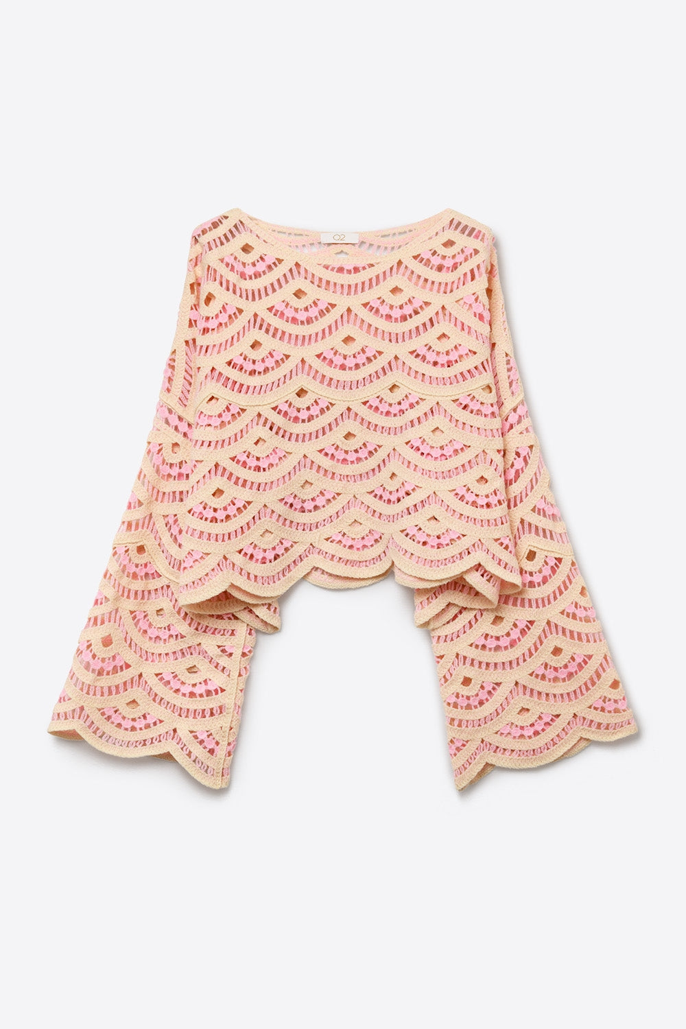 Beige Pink Crochet Geo Pattern Scallop Hem Wide Sleeve Top