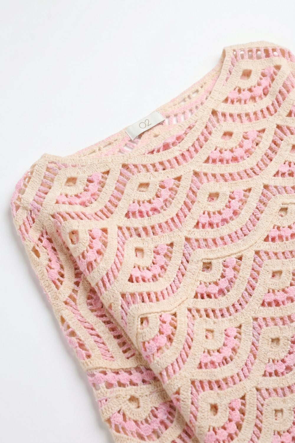 Beige Pink Crochet Geo Pattern Scallop Hem Wide Sleeve Top