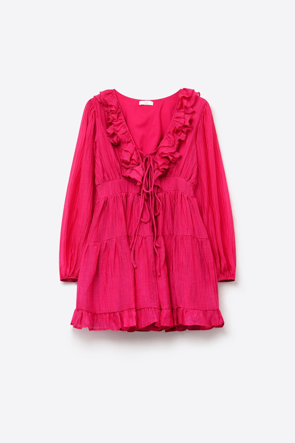 Fuschia Crinkle Chiffon Ruffle V-Neck Tie Waist Mini Dress - dress