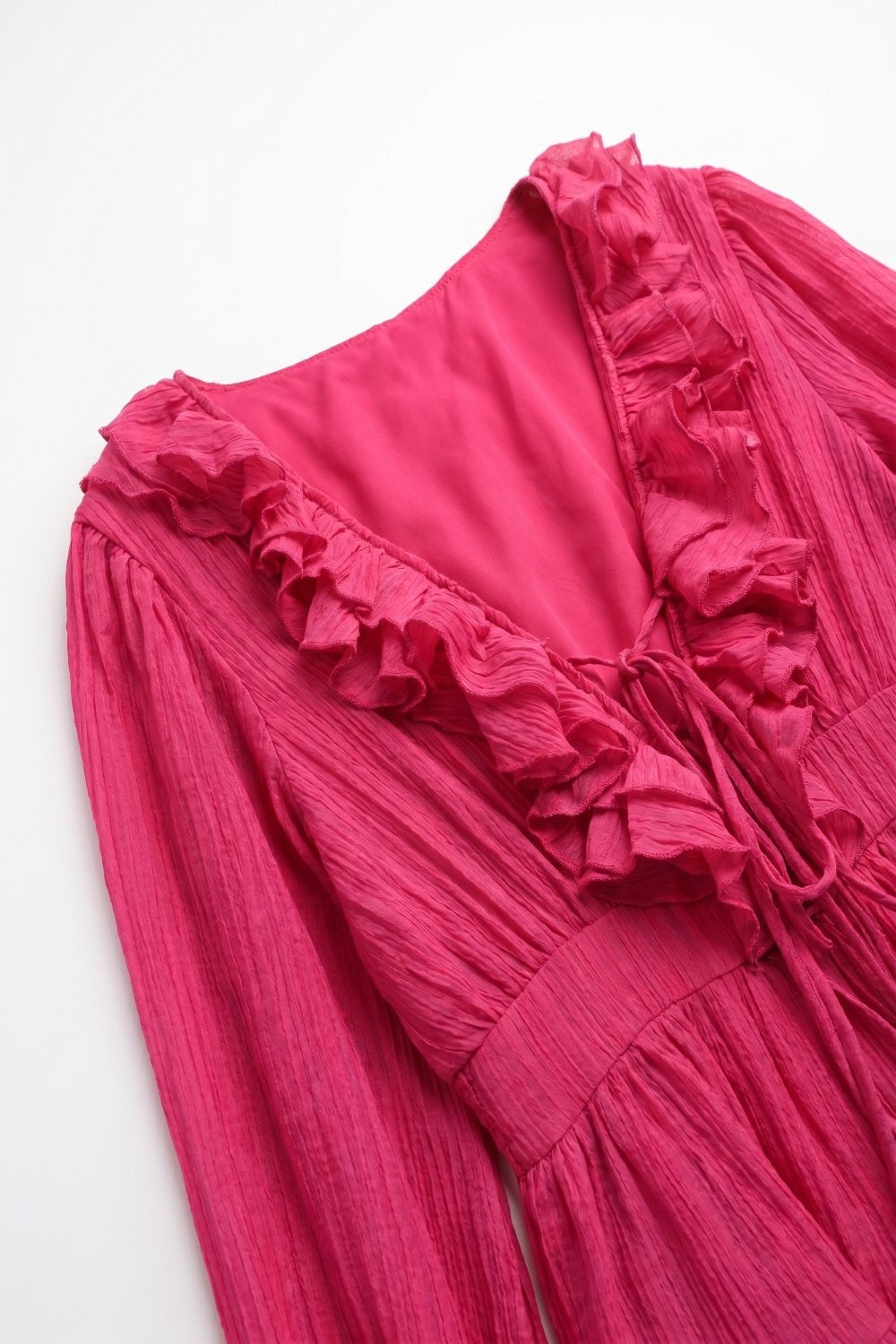 Fuschia Crinkle Chiffon Ruffle V-Neck Tie Waist Mini Dress - dress
