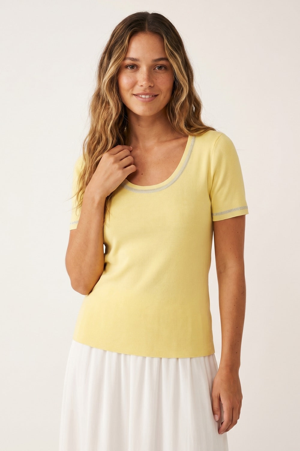 Yellow Ribbed Knit Scoop Neck sweater with shiny lurex trim
