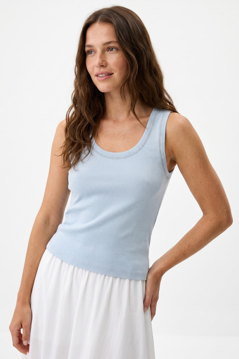 Light Blue Ribbed Knit Tank Top with Metallic Trim
