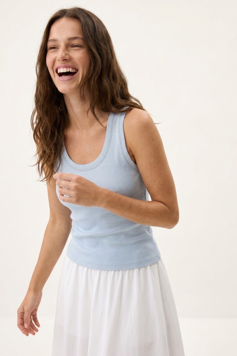 Light Blue Ribbed Knit Tank Top with Metallic Trim