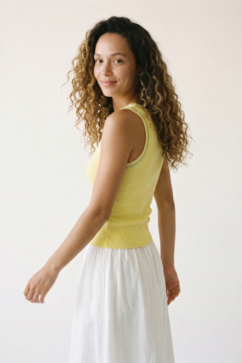 Yellow Ribbed Knit top with with Metallic Trim