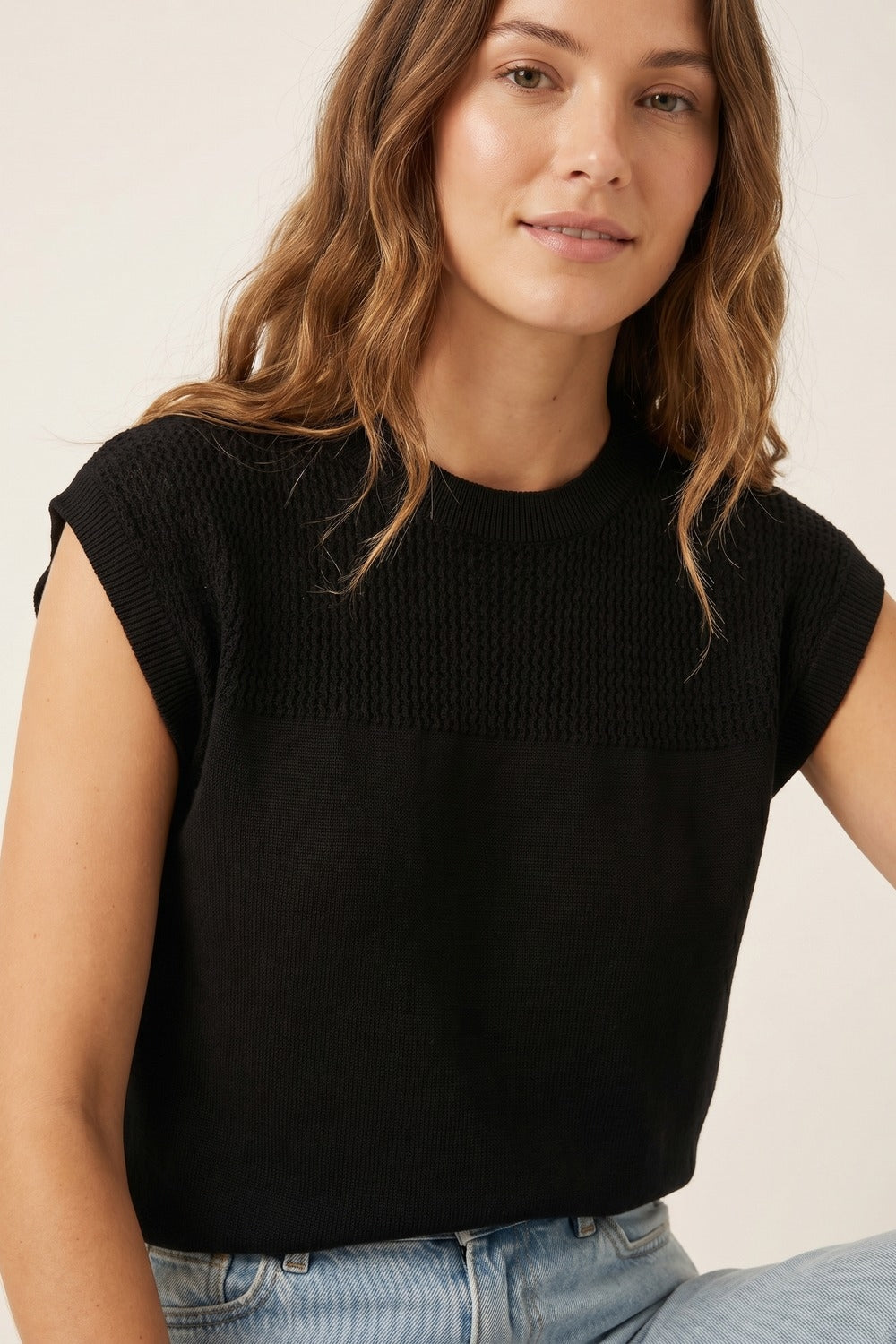 Black Knit Cap Sleeve Top with Textured Yoke Detail