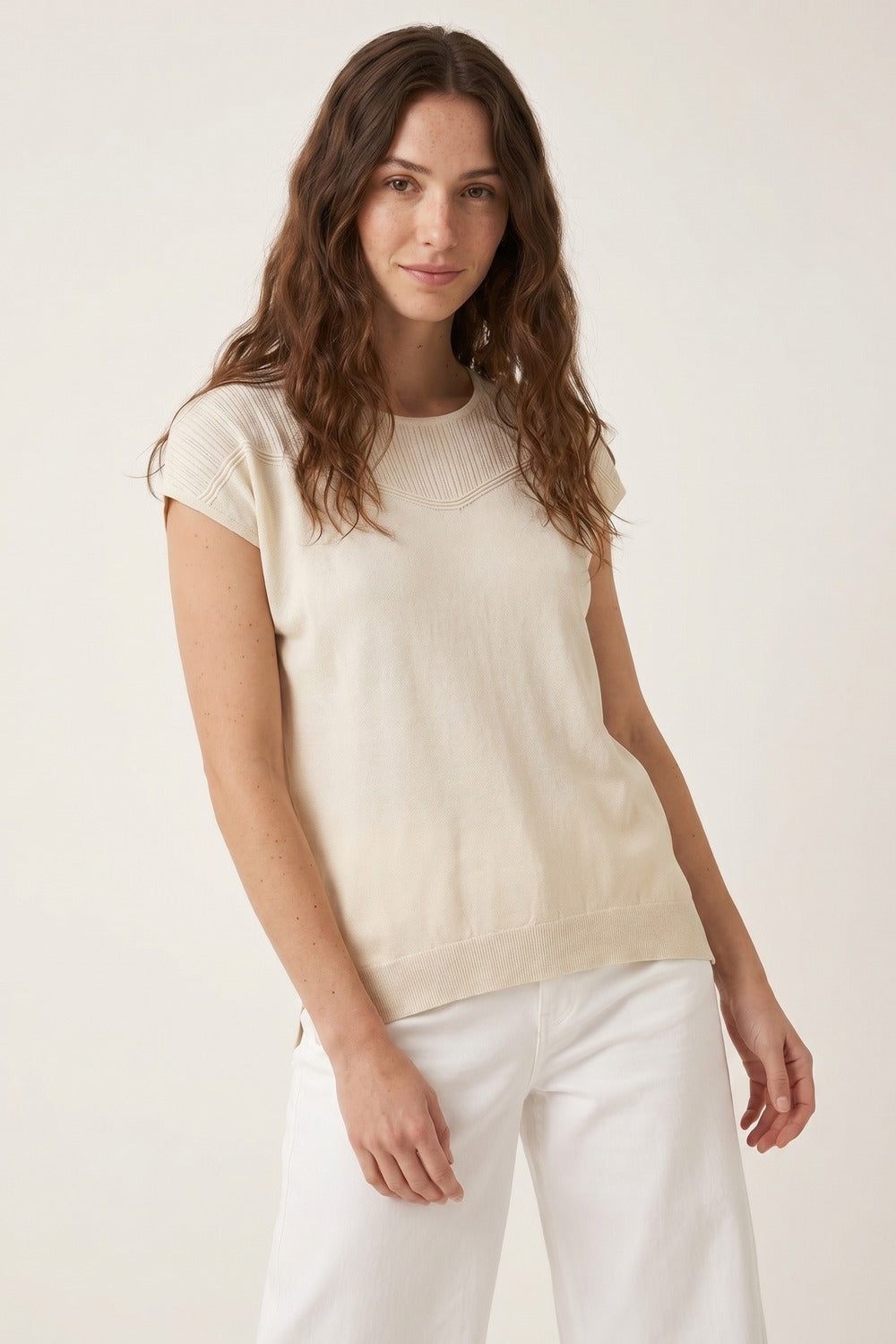 Cream Textured Knit Cap Sleeve Sweater Top