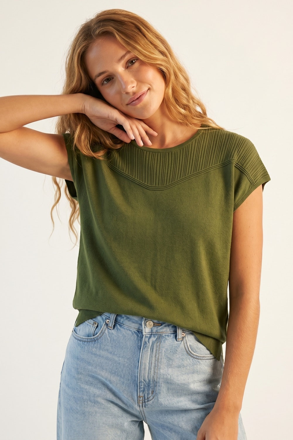 Olive Green Knit Cap Sleeve Sweater with Ribbed Detail