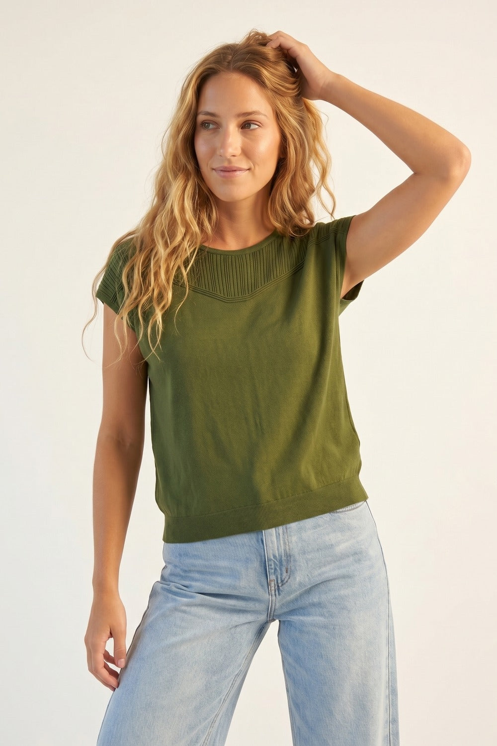 Olive Green Knit Cap Sleeve Sweater with Ribbed Detail