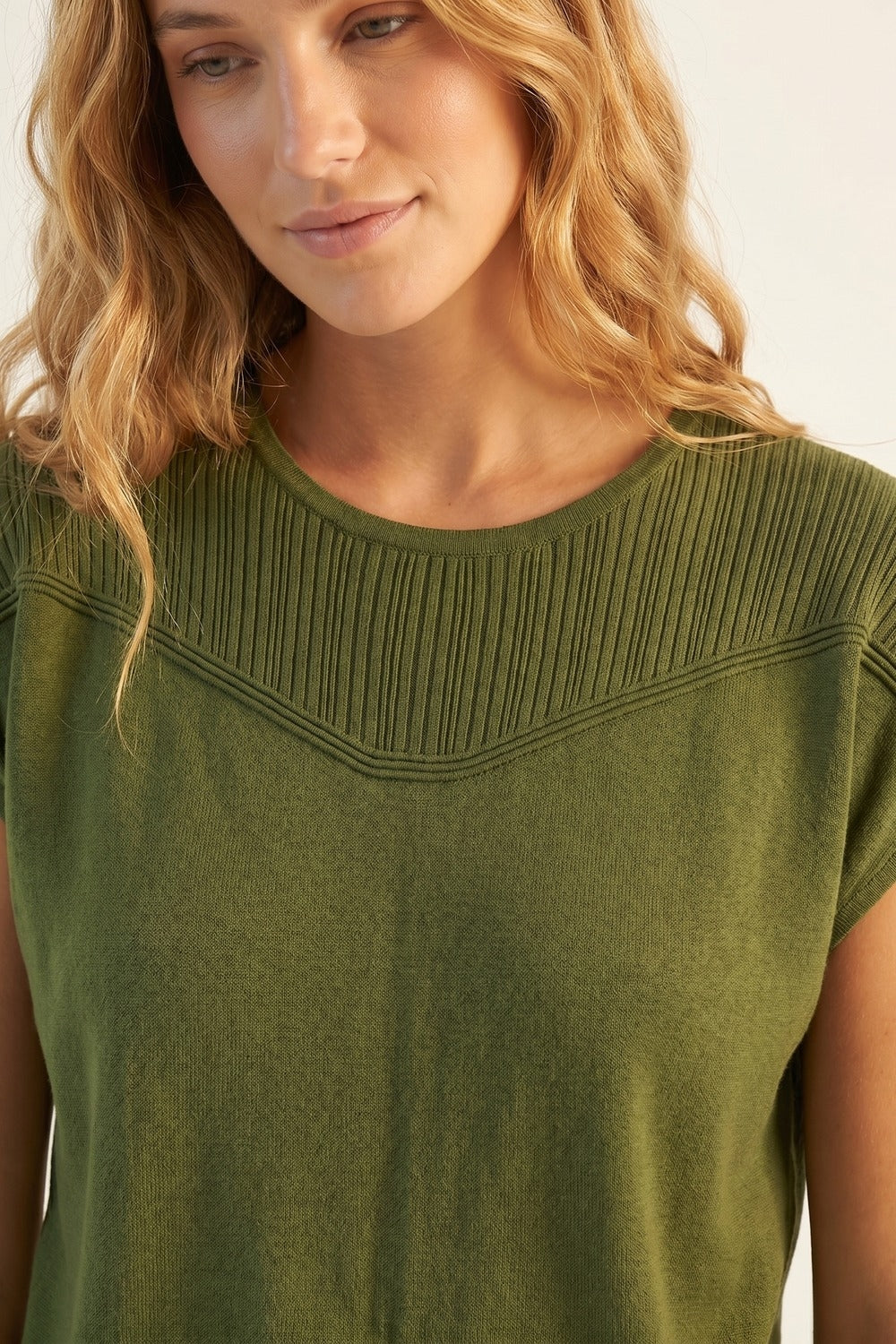 Olive Green Knit Cap Sleeve Sweater with Ribbed Detail