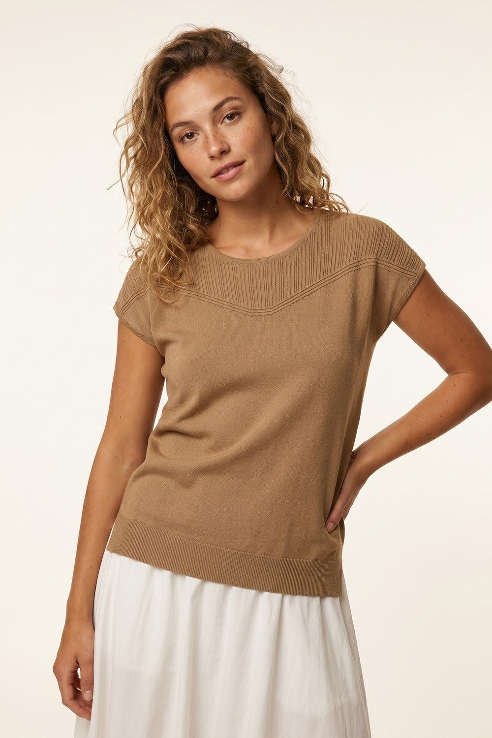Camel Knit Cap Sleeve Sweater with Ribbed Detail