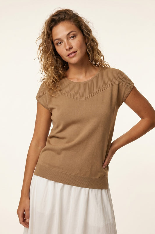 Camel Knit Cap Sleeve Sweater with Ribbed Detail