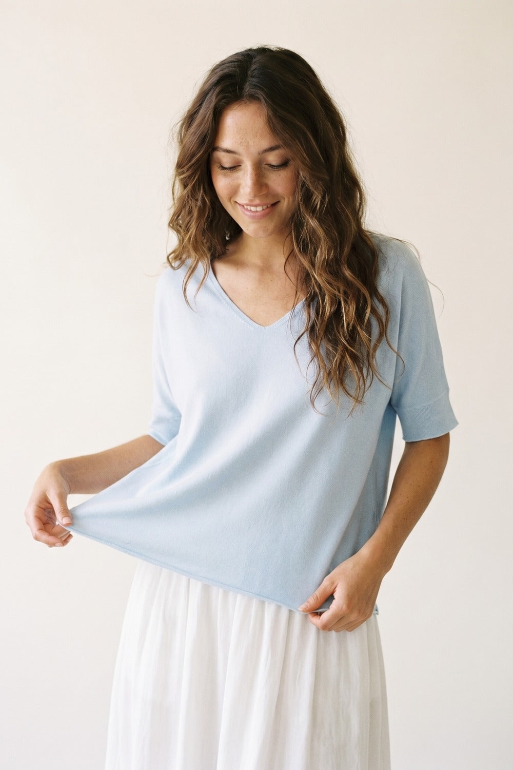 Light Blue Relaxed V-Neck Short Sleeve sweater - Jumpers