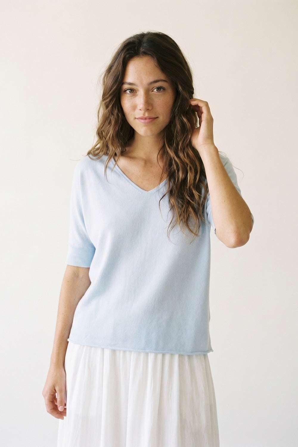 Light Blue Relaxed V-Neck Short Sleeve sweater - Jumpers