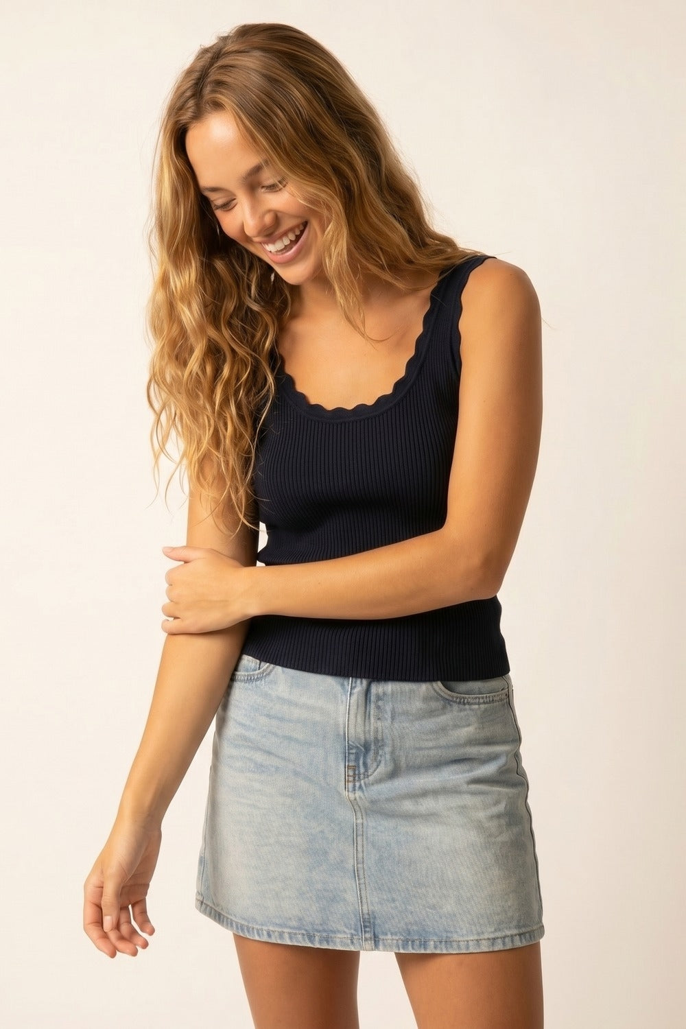 Navy Ribbed Knit Tank with Scalloped Neckline