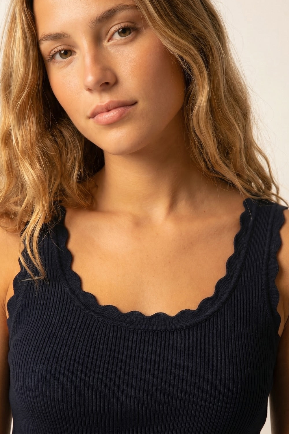 Navy Ribbed Knit Tank with Scalloped Neckline