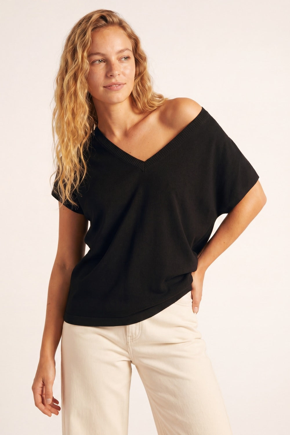 Black Fine Knit V-Neck Sweater with Short Sleeves