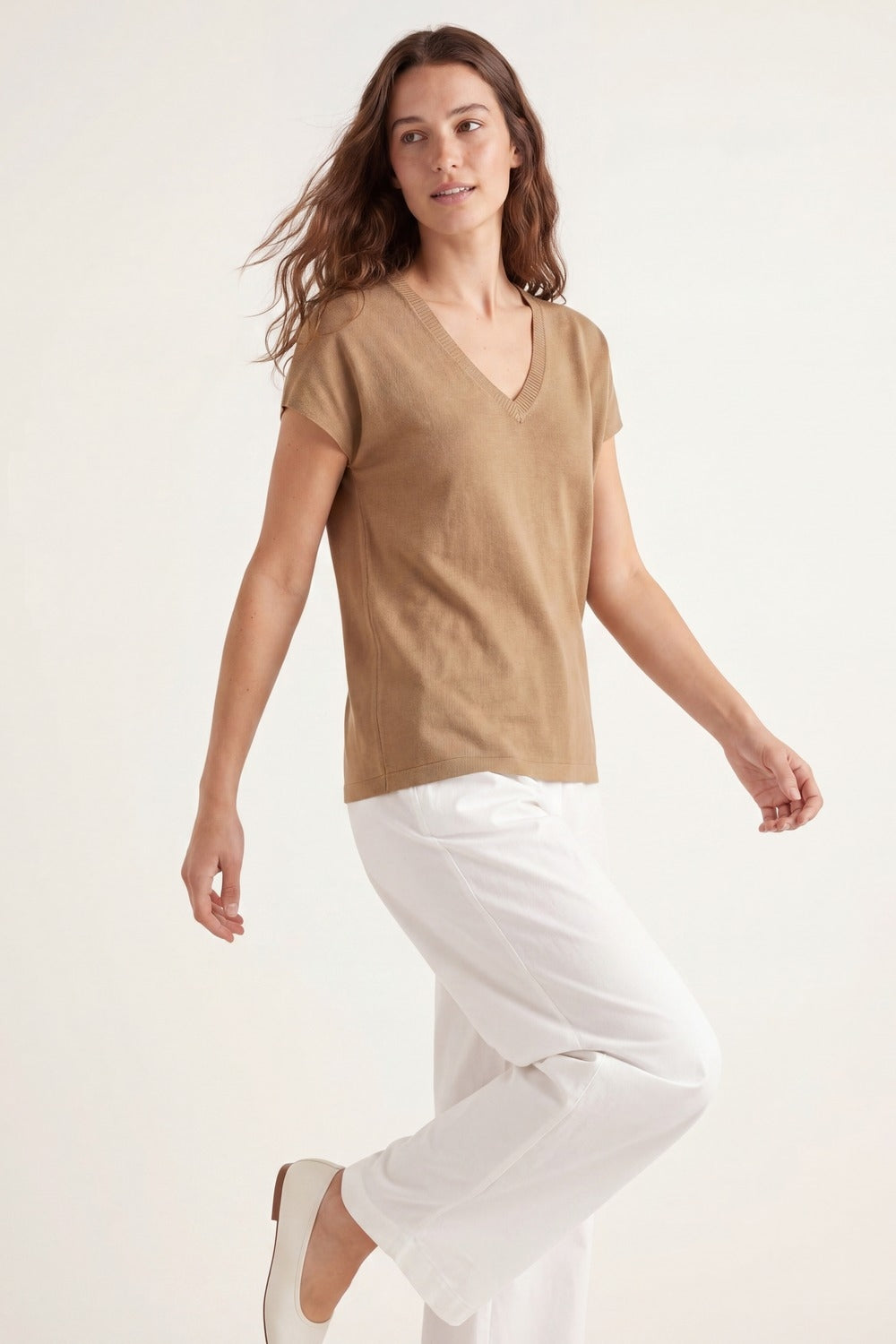 Camel Fine Knitted V-Neck Short Sleeve Sweater
