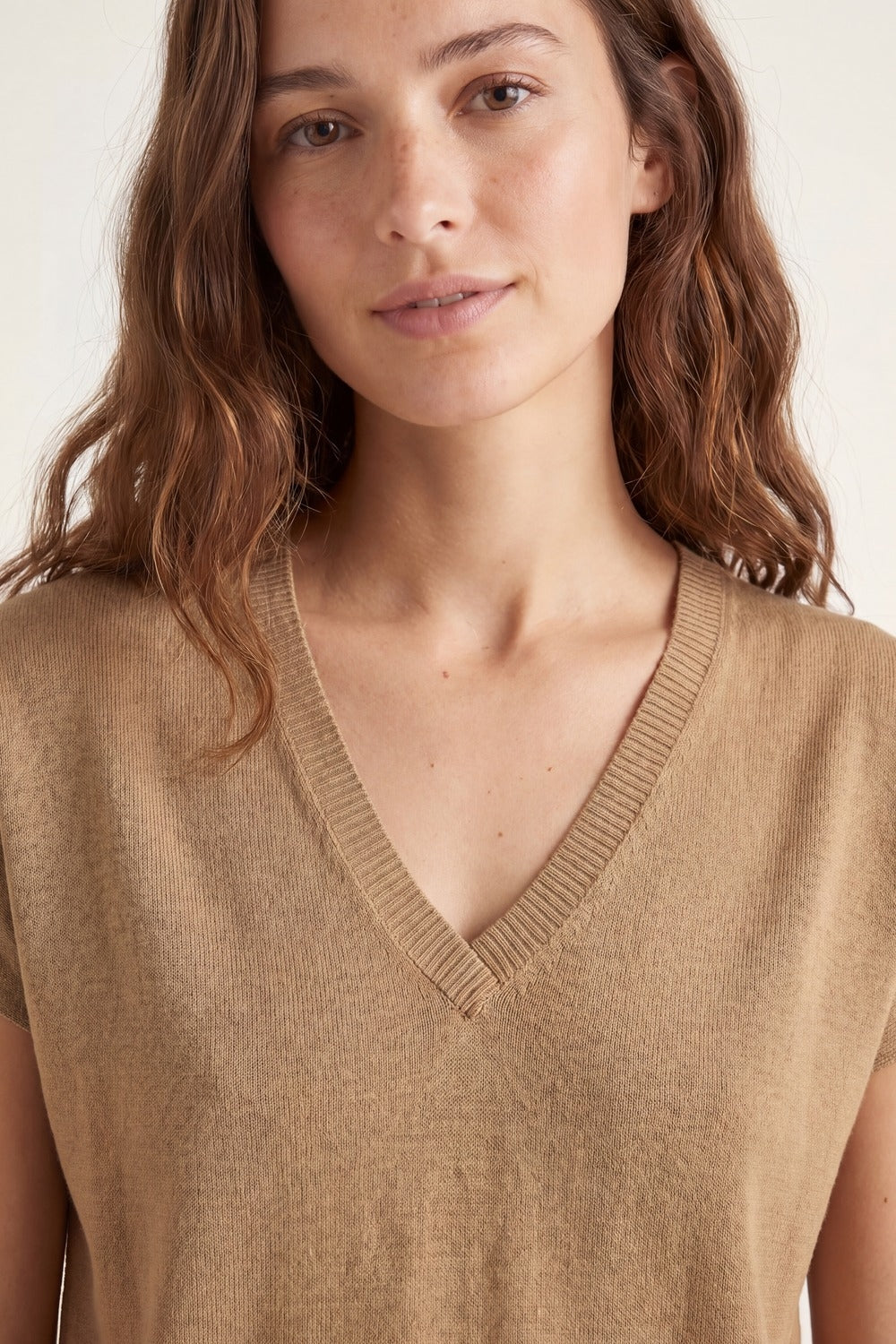 Camel Fine Knitted V-Neck Short Sleeve Sweater
