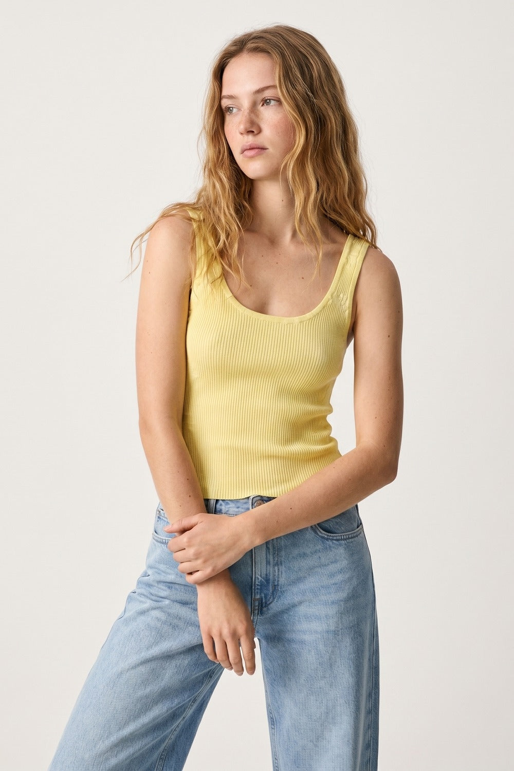Yellow Ribbed Knit Scoop Neck Tank Top