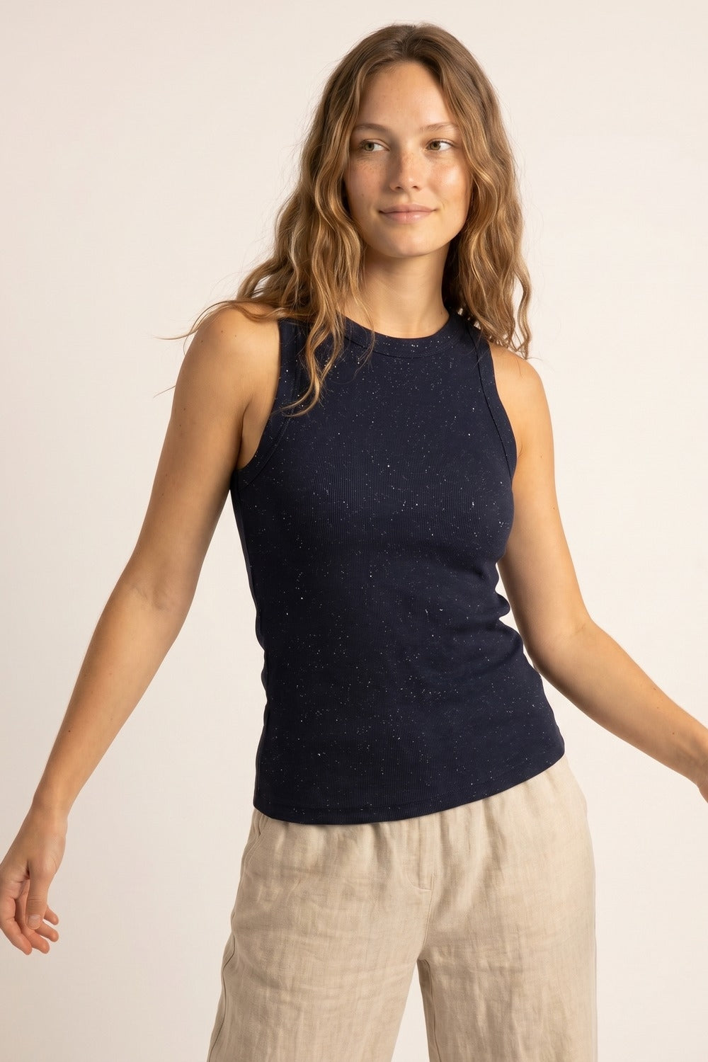 Navy Speckled fine Knit boat Neck Top - Tops