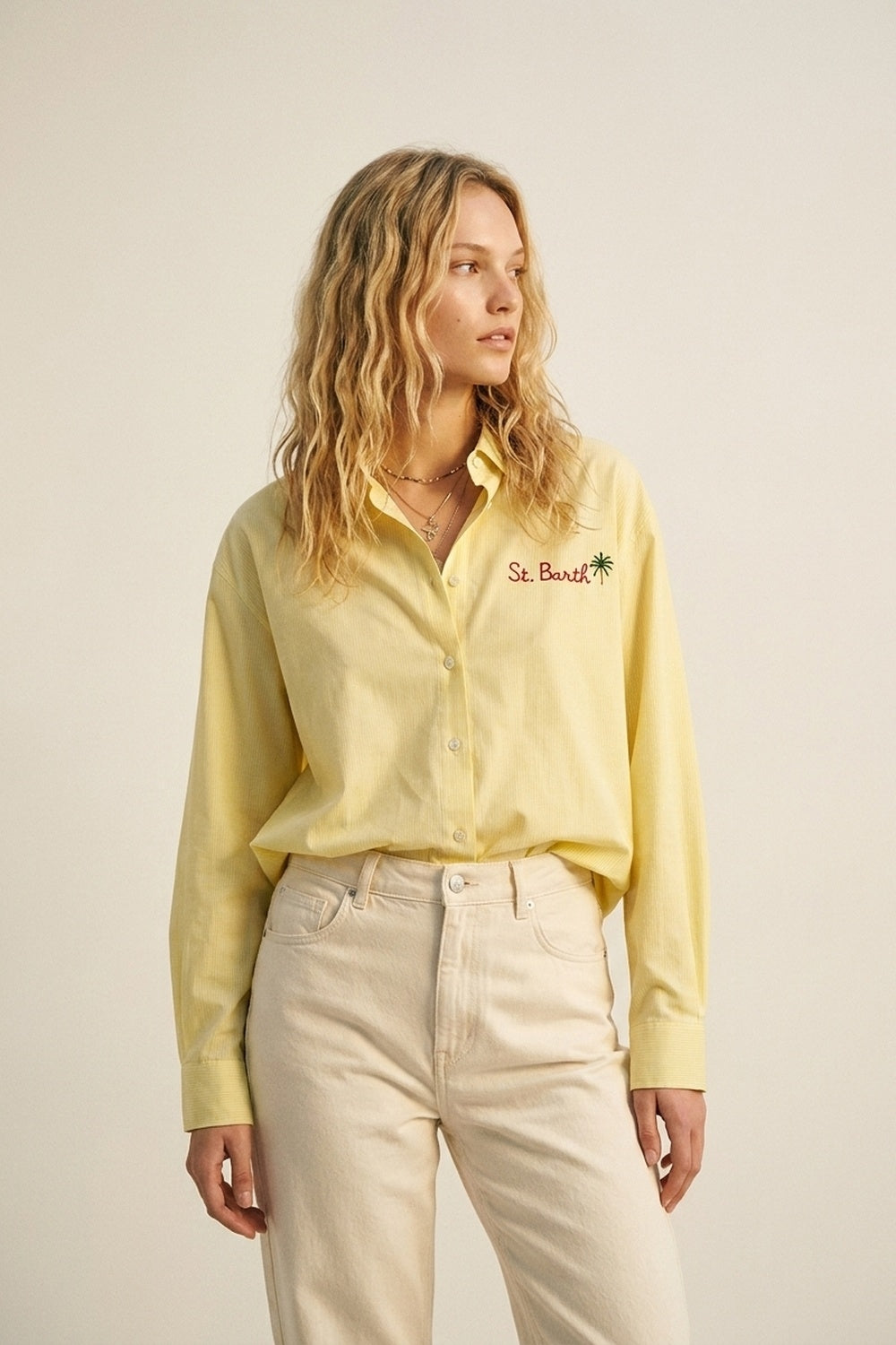 Yellow Button-Up striped Shirt with Embroidered Detail St Barth