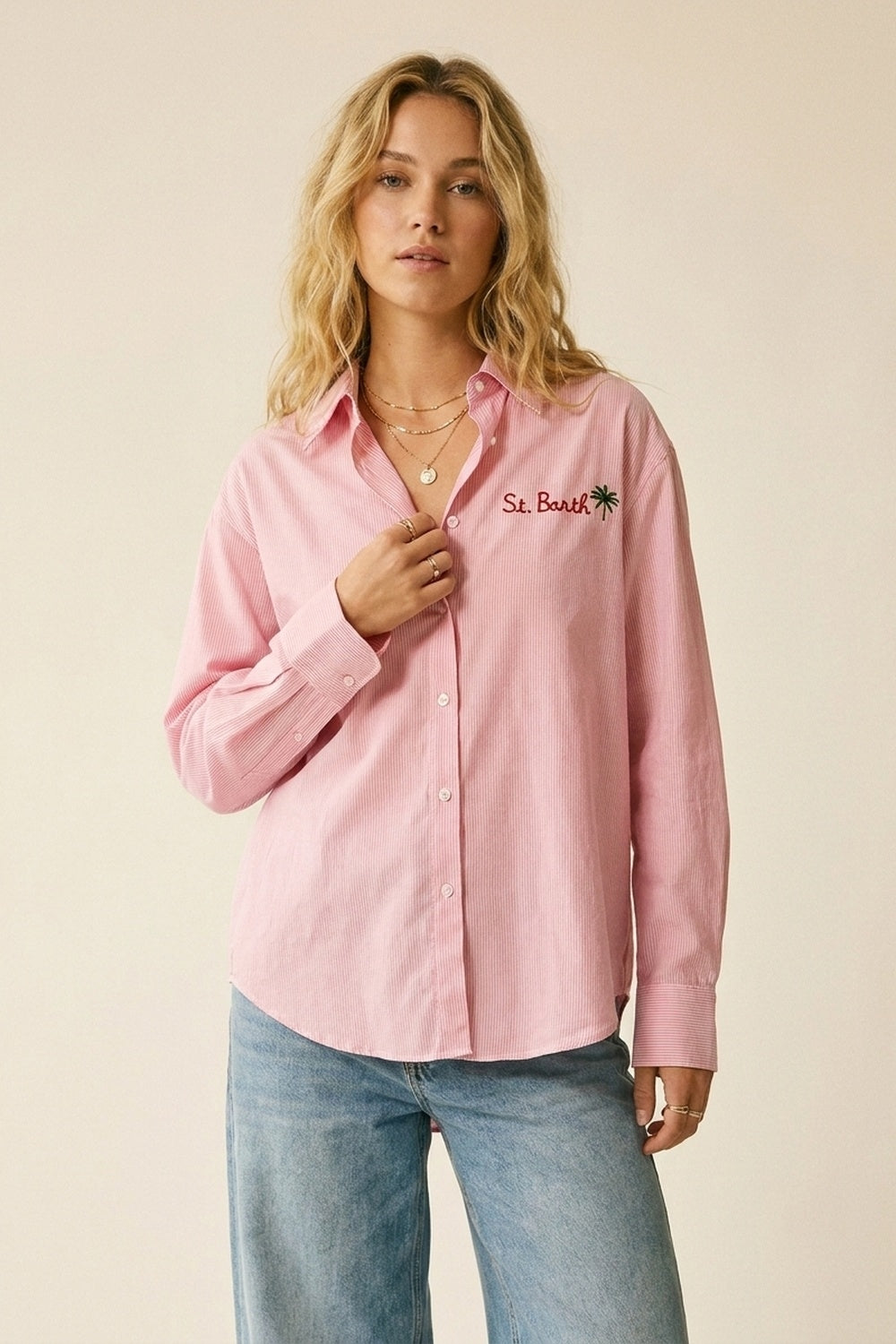 pink Button-Up striped Shirt with Embroidered Detail St Barth - Shirts