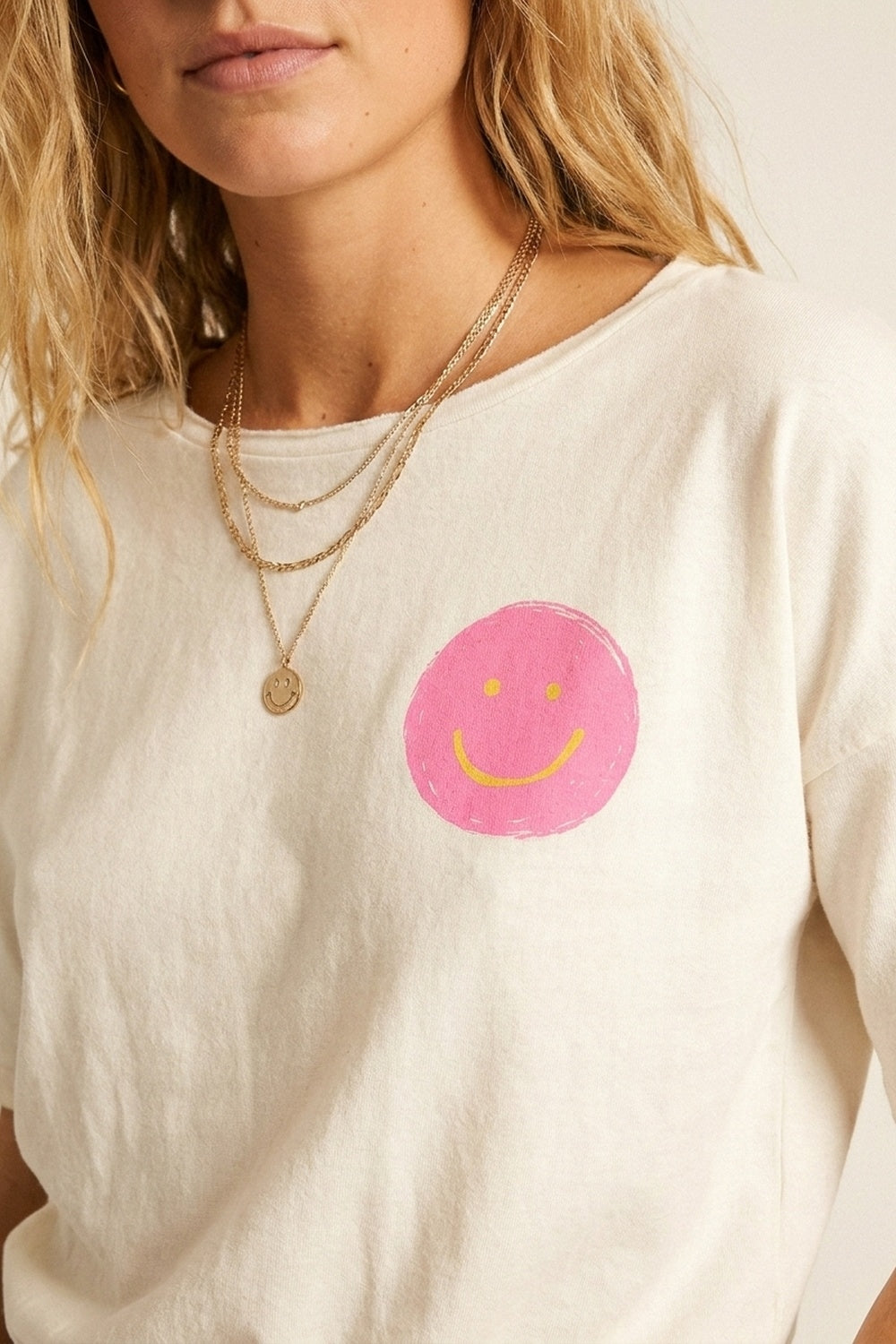 White Smiley Face Casual Short Sleeve sweatshirt - top